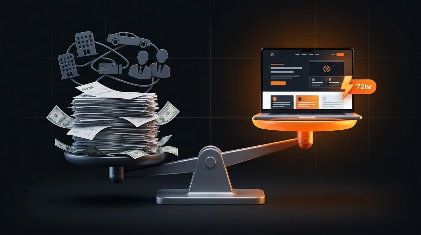 A split-scale illustration weighing an overpriced agency invoice against a fast, high-performing contractor website.