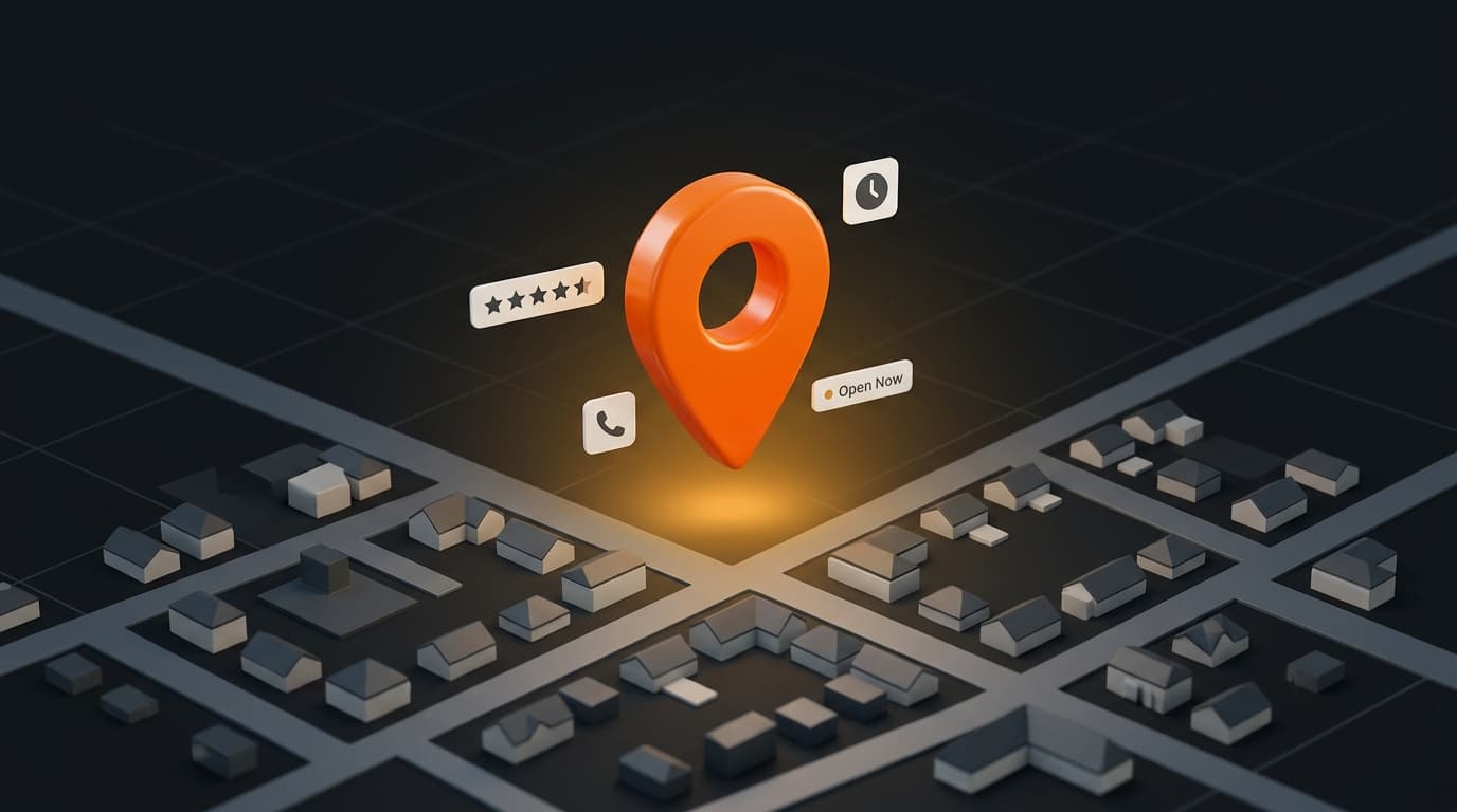 A glowing orange map pin hovering above a stylized 3D neighborhood map, surrounded by floating star rating, phone, hours, and 'Open Now' badges — representing LocalBusiness schema signals.