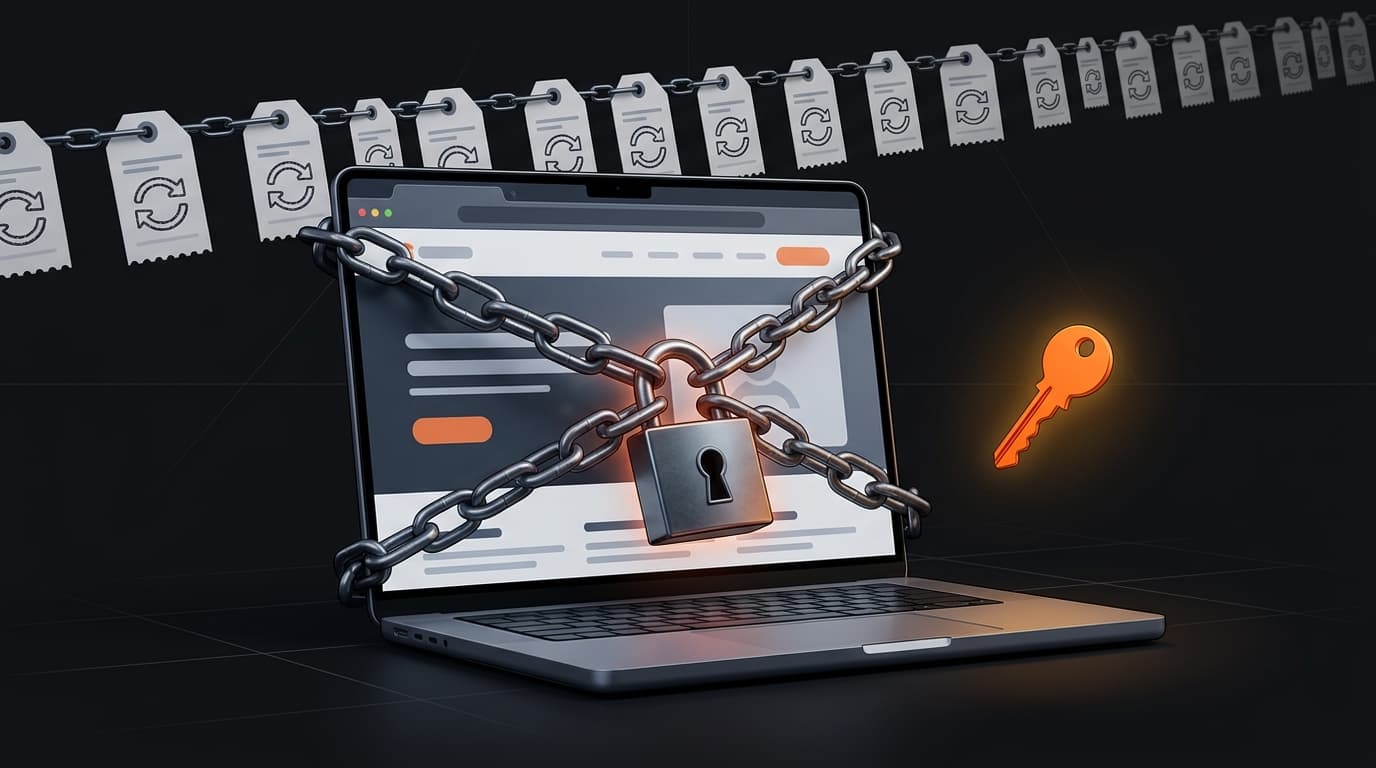 A website padlocked behind a recurring monthly invoice, illustrating the trap of renting your site instead of owning it.