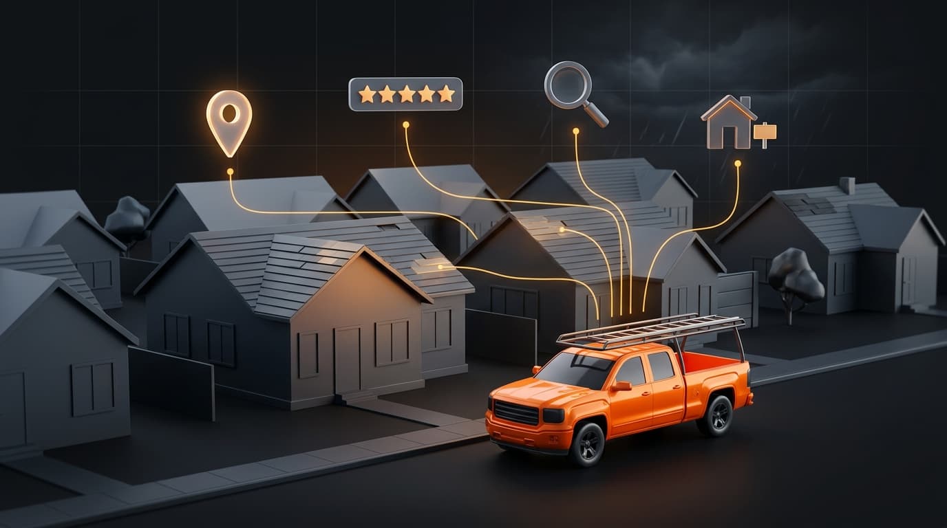 A roofer's truck parked in a storm-hit neighborhood with leads flowing in from search and referrals instead of paid ads.