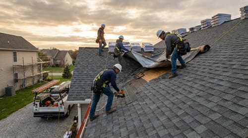 Roofer working on shingles